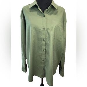 Crown & Ivy ladies XL cotton stretch casual button down olive green summer tunic
